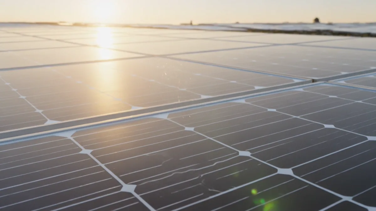 Photovoltaik-Modulreihen aus geringer Flughöhe im flachen Gegenlicht